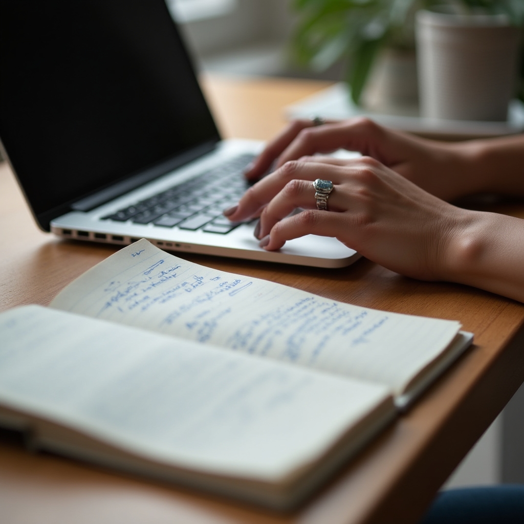 Close-up of hands typing a rewritten email on a laptop with a notebook of edits beside it