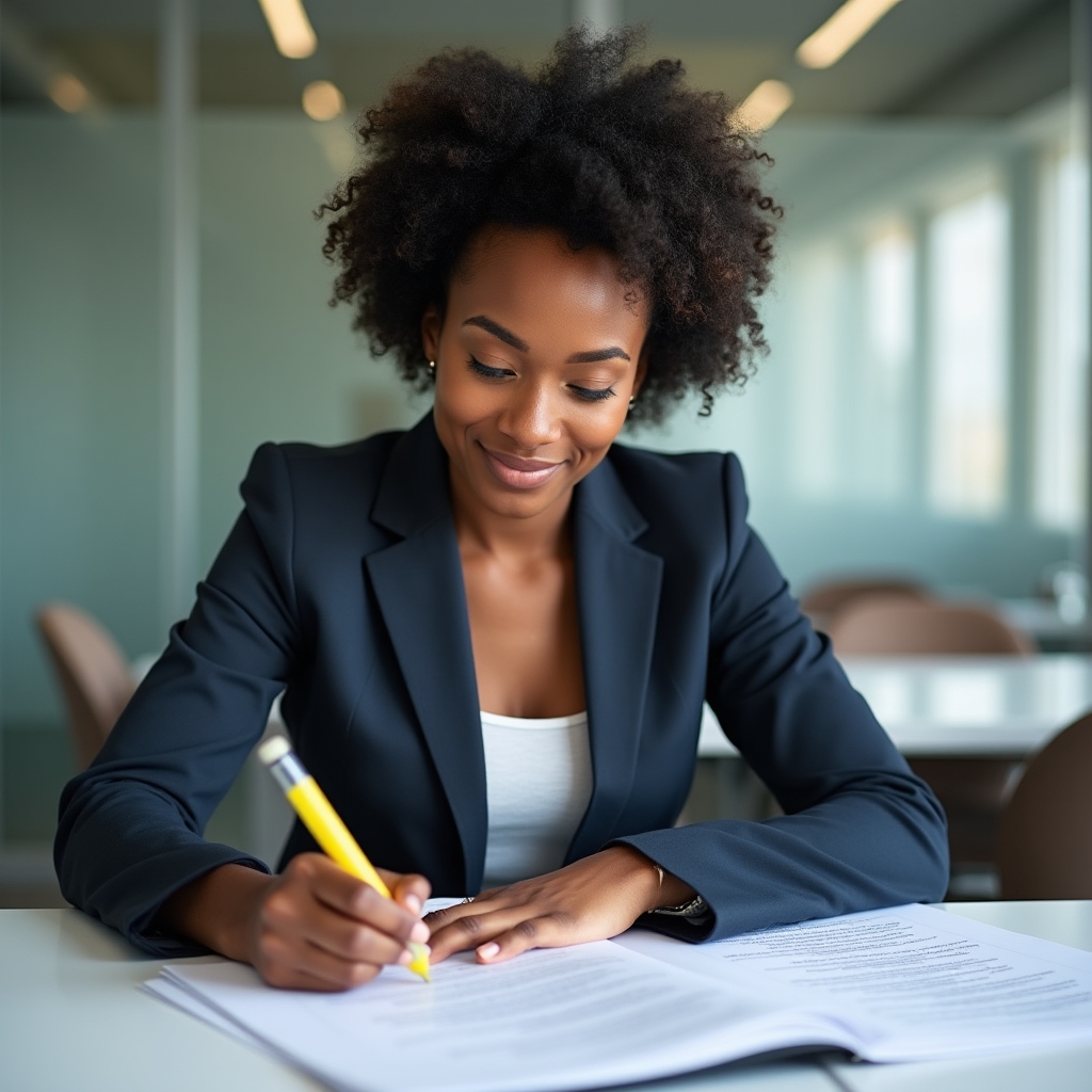 A person annotating printed meeting notes with a highlighter at a conference table