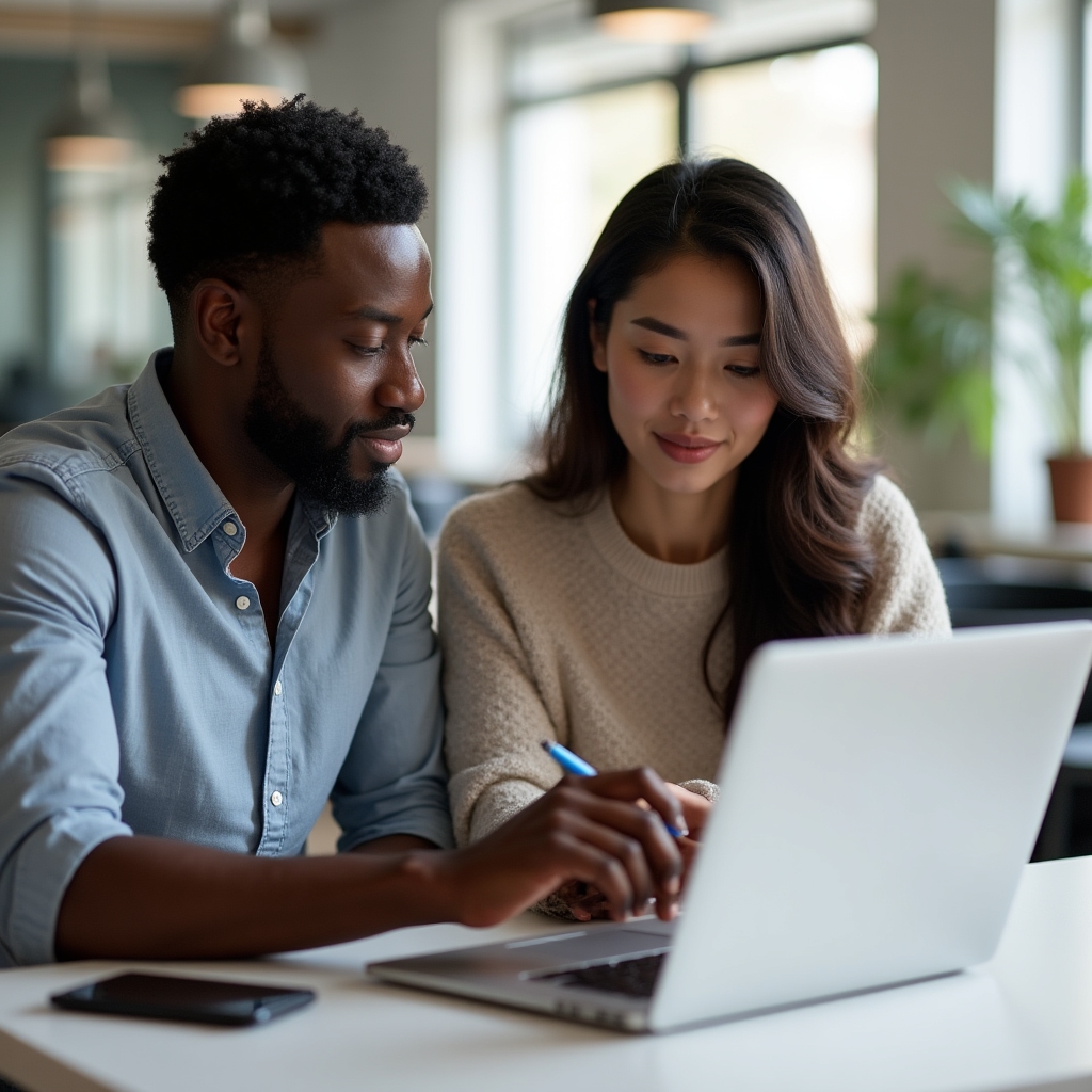Two colleagues reviewing a Slack message rewrite together on a shared screen